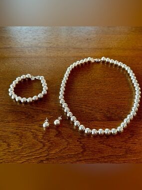 Sterling Silver Beaded Necklace, Bracelet, and Earrings Set. 925, 10mm Bead. NEW